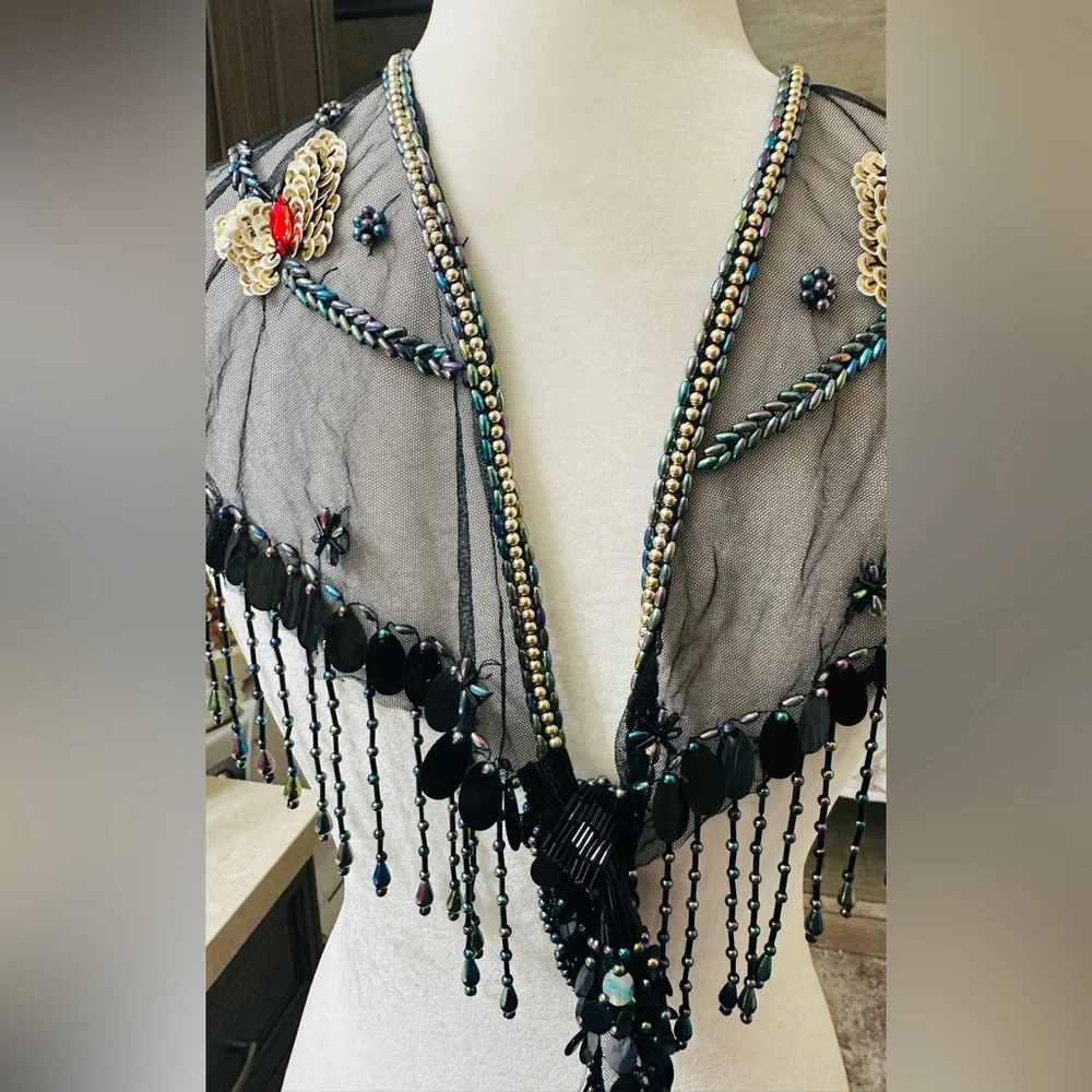 Capelet Beaded Shoulder 1920’s Style Butterfly Mesh Red  Gold Accents topper